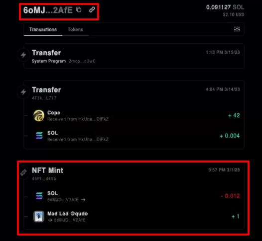 Wallet 6oMJ…2AfE shown in the video, with a Mad Lad NFT mint on 3/1/23